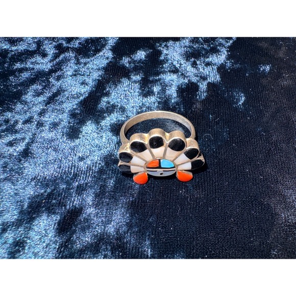 Zuni Native American Sterling Silver Turquoise Coral Inlay Ring Sunface Laahty - Picture 8 of 9